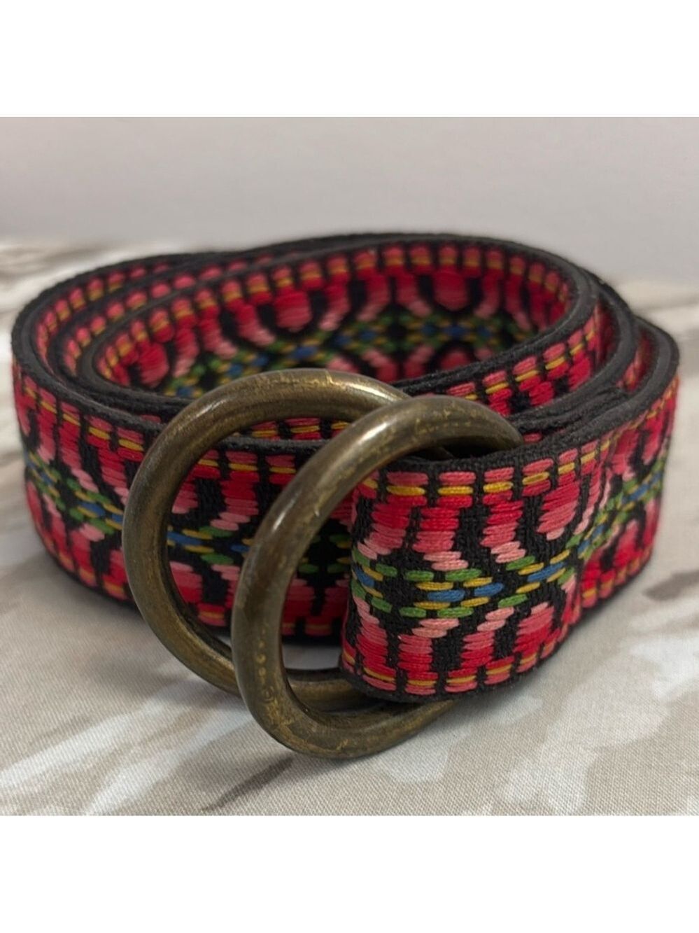 Vintage Western pattern Colourful Woven Fabric Belt double Brass rings medium